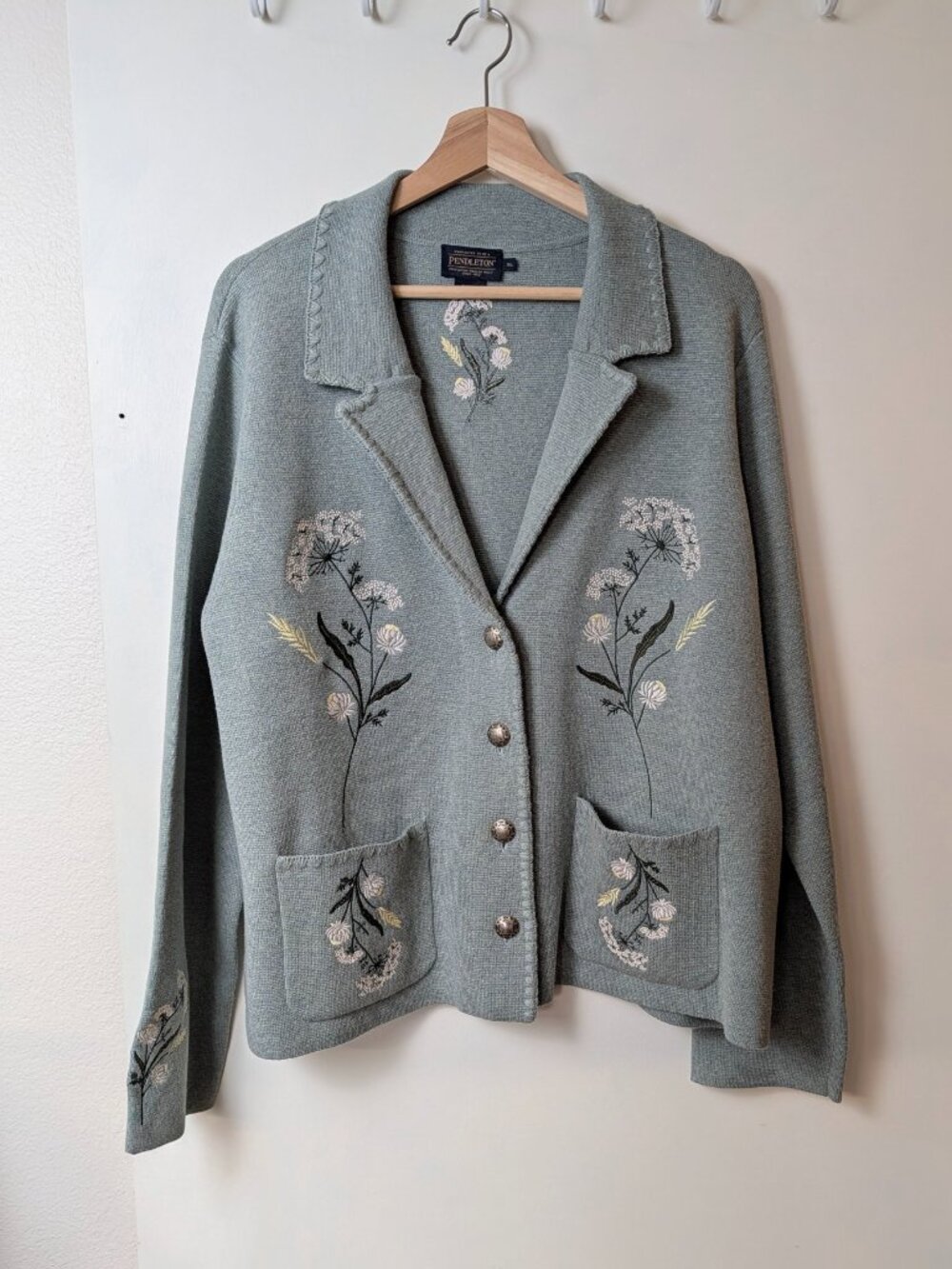 Pendleton Souvenir Floral Button Front Cardigan in Seafoam Heather, size XL